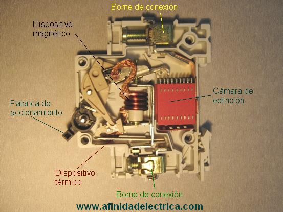 Una vez abierto el interruptor, podemos identificar sus principales componentes: Dispositivo t�rmico, dispositivo magn�tico, c�mara de extinci�n de arcos, palanca de accionamiento y borneras de conexi�n de conductores de entrada y salida