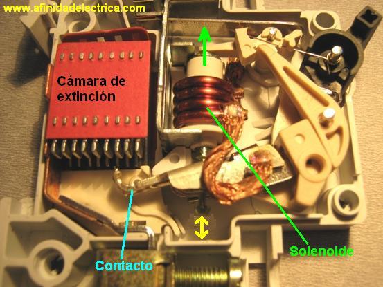 Al circular la corriente el electroim�n crea una fuerza que, mediante un dispositivo mec�nico adecuado, tiende a abrir un contacto, pero s�lo podr� abrirlo si la intensidad I que circula por la carga sobrepasa el l�mite de intervenci�n fijado. Este nivel de intervenci�n suele estar comprendido entre 3 y 20 veces la intensidad nominal (la intensidad de dise�o del interruptor termomagn�tico) y su actuaci�n es de aproximadamente unas 25 mil�simas de segundo, lo cual lo hace muy seguro por su velocidad de reacci�n. Esta es la parte destinada a la protecci�n frente a los cortocircuitos, donde se produce un aumento muy r�pido y elevado de corriente.