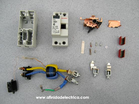 Todas las piezas que componen el interruptor diferencial.