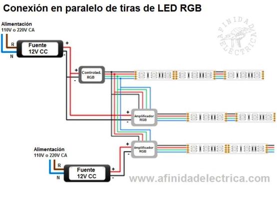 Circuito de conexion de tiras de LEDs RGB en paralelo con controlador y amplificador.