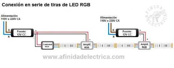 Circuito de conexion de tiras de LEDs RGB en serie con controlador y amplificador.