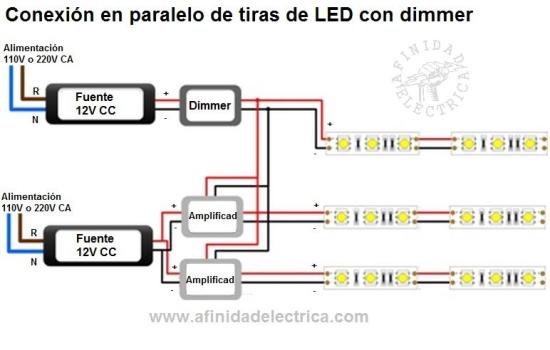 Circuito de conexi�n de tiras de LEDs monocolor con atenuador.