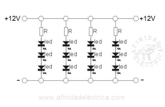 En el circuito interno de las tiras de LEDs monocolor encontramos sucesiones de grupos o arreglos de tres LEDs y una resistencia conectados en serie.