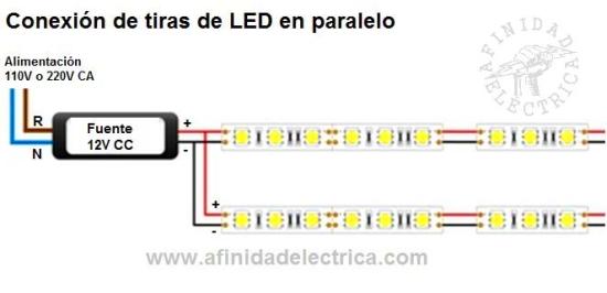 Circuito de conexion de tiras de LEDs monocolor en paralelo.